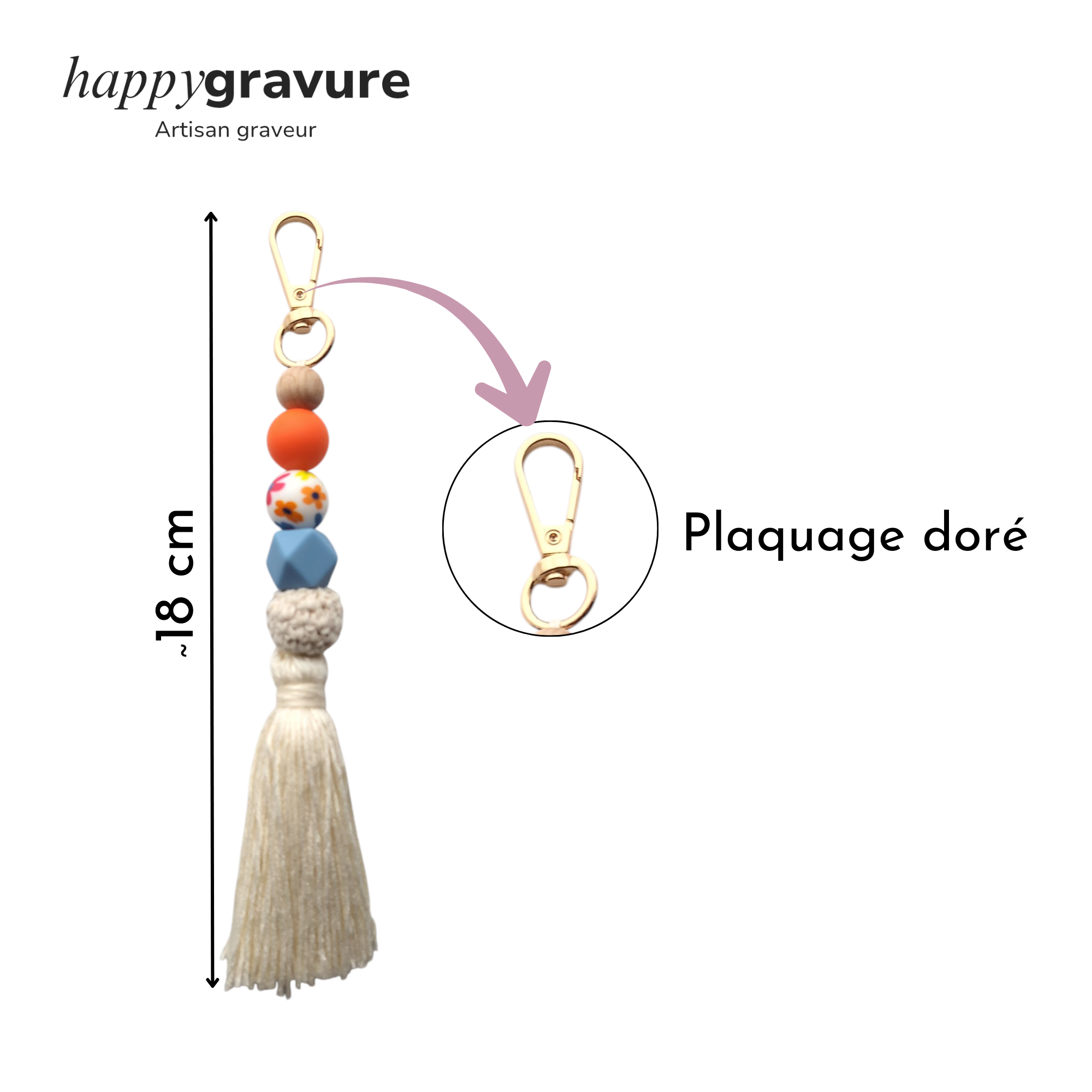 Porte-Clés Personnalisé avec médaillon en Bois Gravé : Le Cadeau Émotionnel avec Pompon et Perles Happy Gravure®