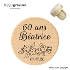 Bouchon de bouteille personnalisé en bois - idée cadeau témoin, Mariage, anniversaire, fête Happy Gravure