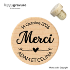 Bouchon de bouteille personnalisé en bois - idée cadeau témoin, Mariage, anniversaire, fête Happy Gravure