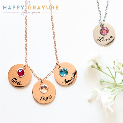 Collier avec médaille personnalisée en acier inoxydable - Pierre de naissance, cadeau anniversaire, baptême, fête des mères, grands-mères, maitresse, atsem, nounou