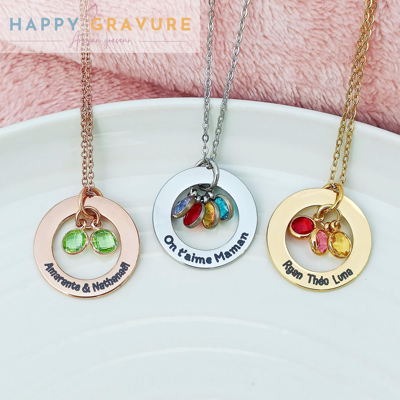 Collier avec pendentif cercle personnalisée en acier inoxydable - Pierre de naissance, cadeau anniversaire, baptême, fête des mères, grands-mères, maitresse, atsem, nounou