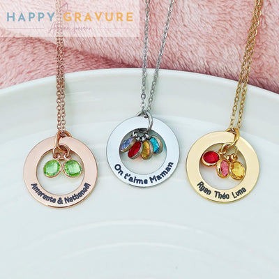 Collier avec pendentif cercle personnalisée en acier inoxydable - Pierre de naissance, cadeau anniversaire, baptême, fête des mères, grands-mères, maitresse, atsem, nounou