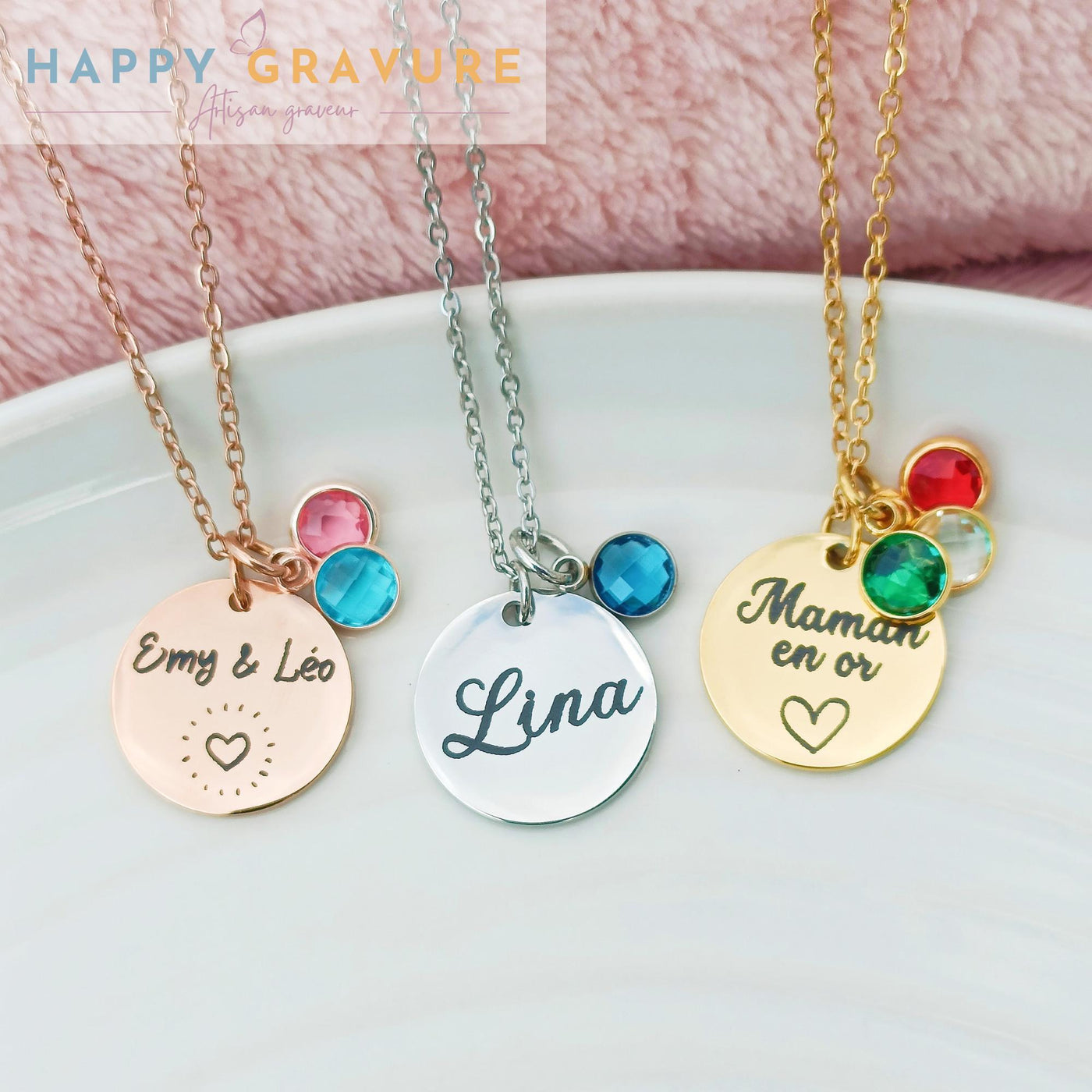 Collier avec médaille personnalisée en acier inoxydable - Pierre de naissance, cadeau anniversaire, baptême, fête des mères, grands-mères, maitresse, atsem, nounou