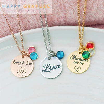 Collier avec médaille personnalisée en acier inoxydable - Pierre de naissance, cadeau anniversaire, baptême, fête des mères, grands-mères, maitresse, atsem, nounou