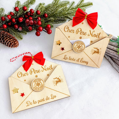 Enveloppe en bois personnalisée pour liste de cadeau ou lettre au père Noël Happy Gravure