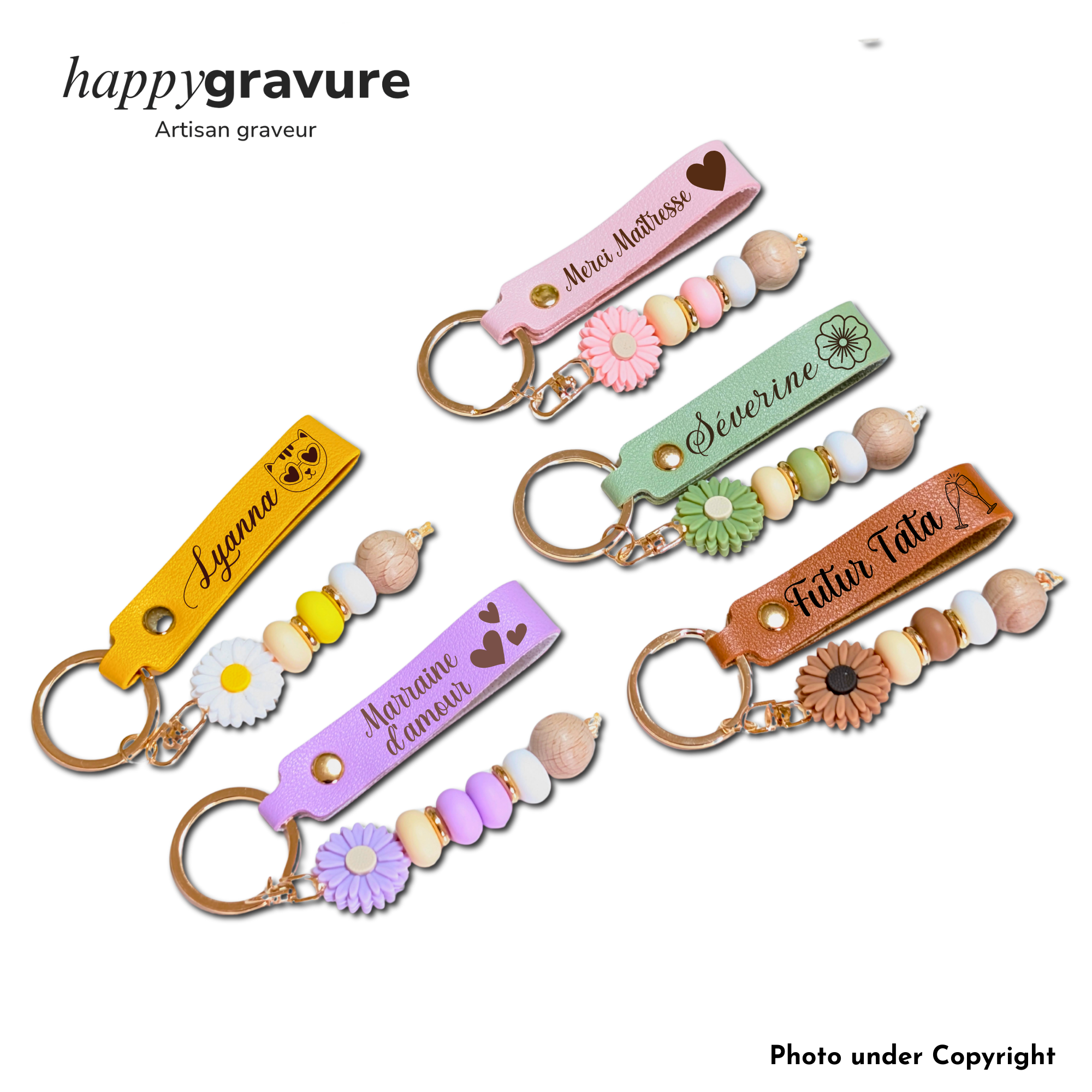 Porte-clés personnalisé, porte-clés marguerite, porte-clés en cuir, cadeau de témoin, cadeau maîtresse, cadeau d'anniversaire, atsem Happy Gravure®