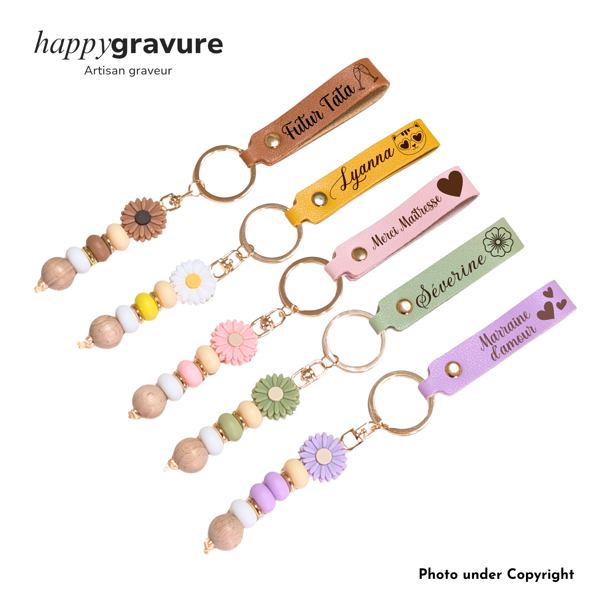 Porte-clés personnalisé, porte-clés marguerite, porte-clés en cuir, cadeau de témoin, cadeau maîtresse, cadeau d'anniversaire, atsem Happy Gravure®