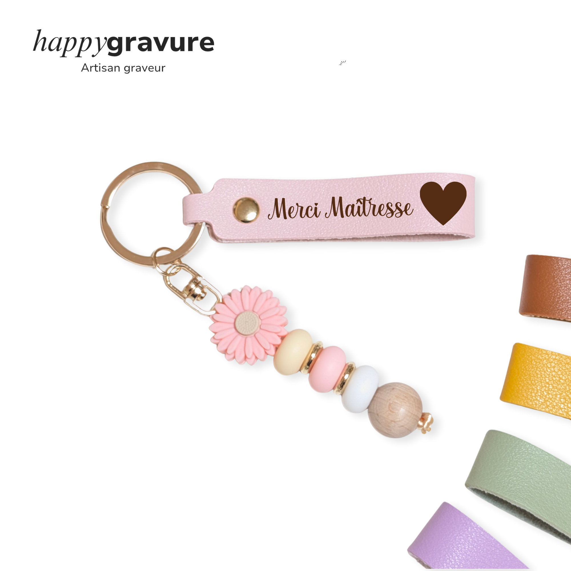 Porte-clés personnalisé, porte-clés marguerite, porte-clés en cuir, cadeau de témoin, cadeau maîtresse, cadeau d'anniversaire, atsem Happy Gravure®