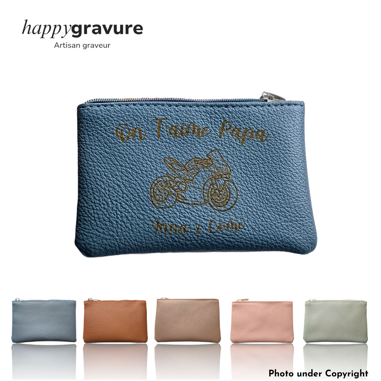 Porte-monnaie en Cuir Personnalisé Bleu - Gravure en Haut | Happy Gravure