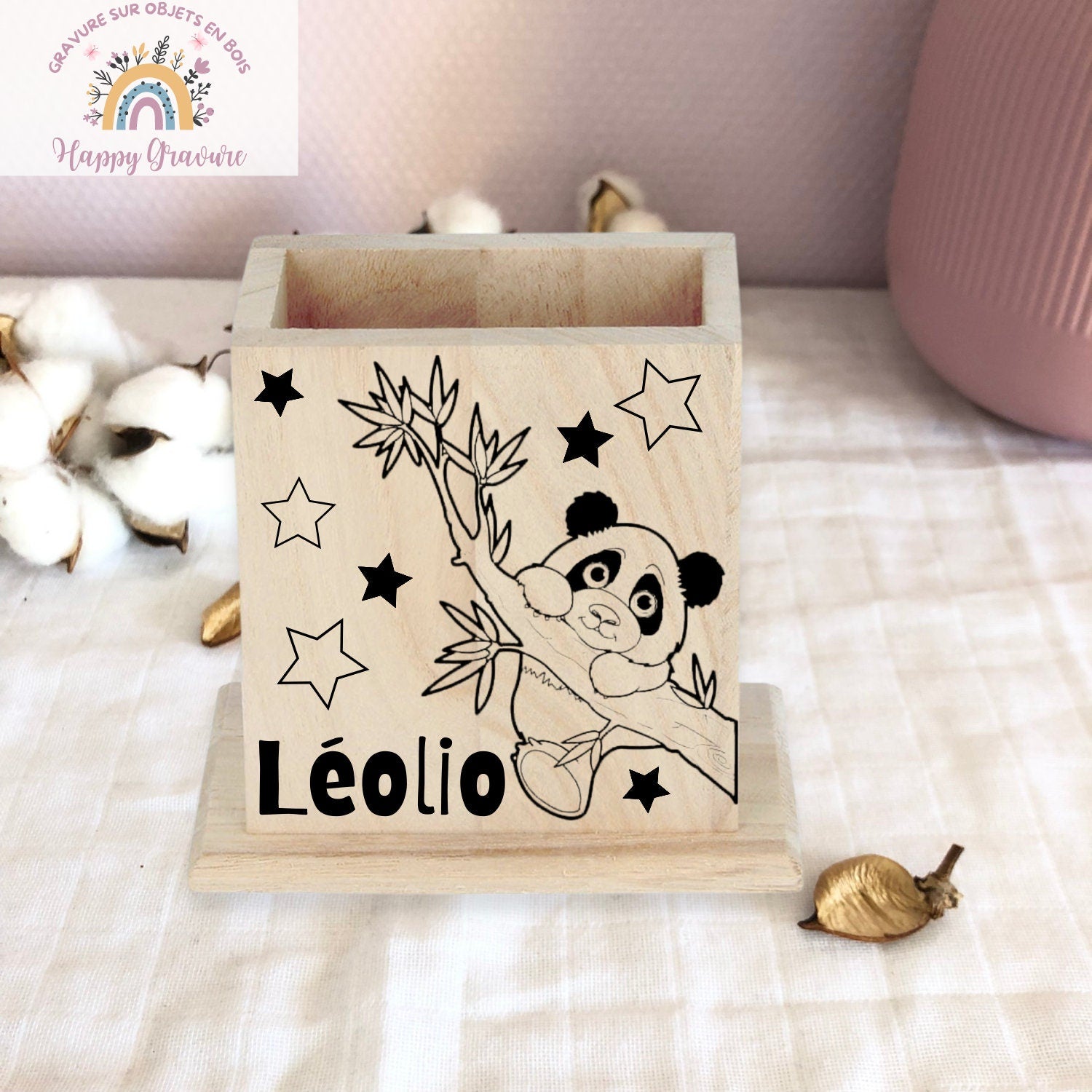 Pot ou porte crayon personnalisé en bois Happy Gravure