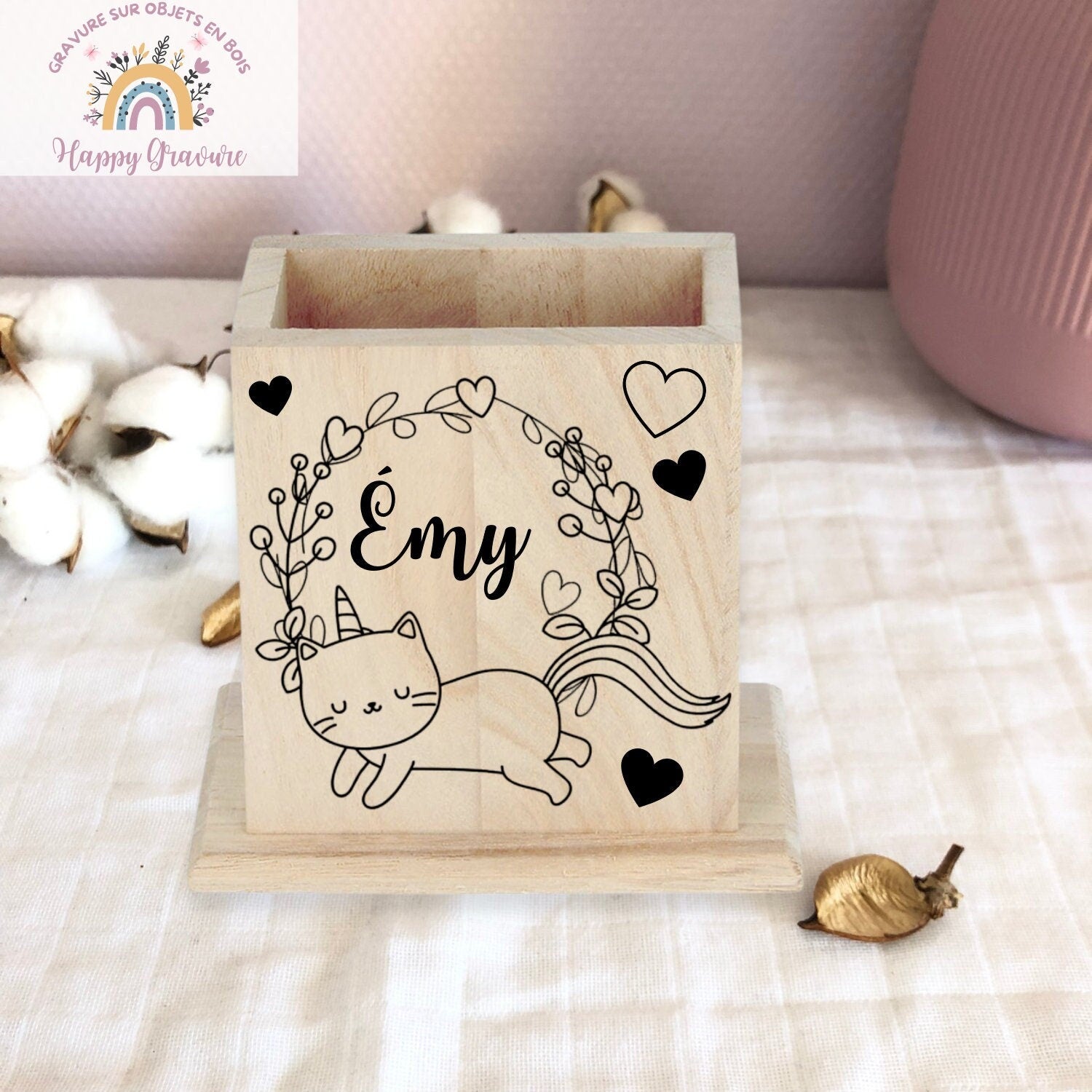 Pot ou porte crayon personnalisé en bois Happy Gravure