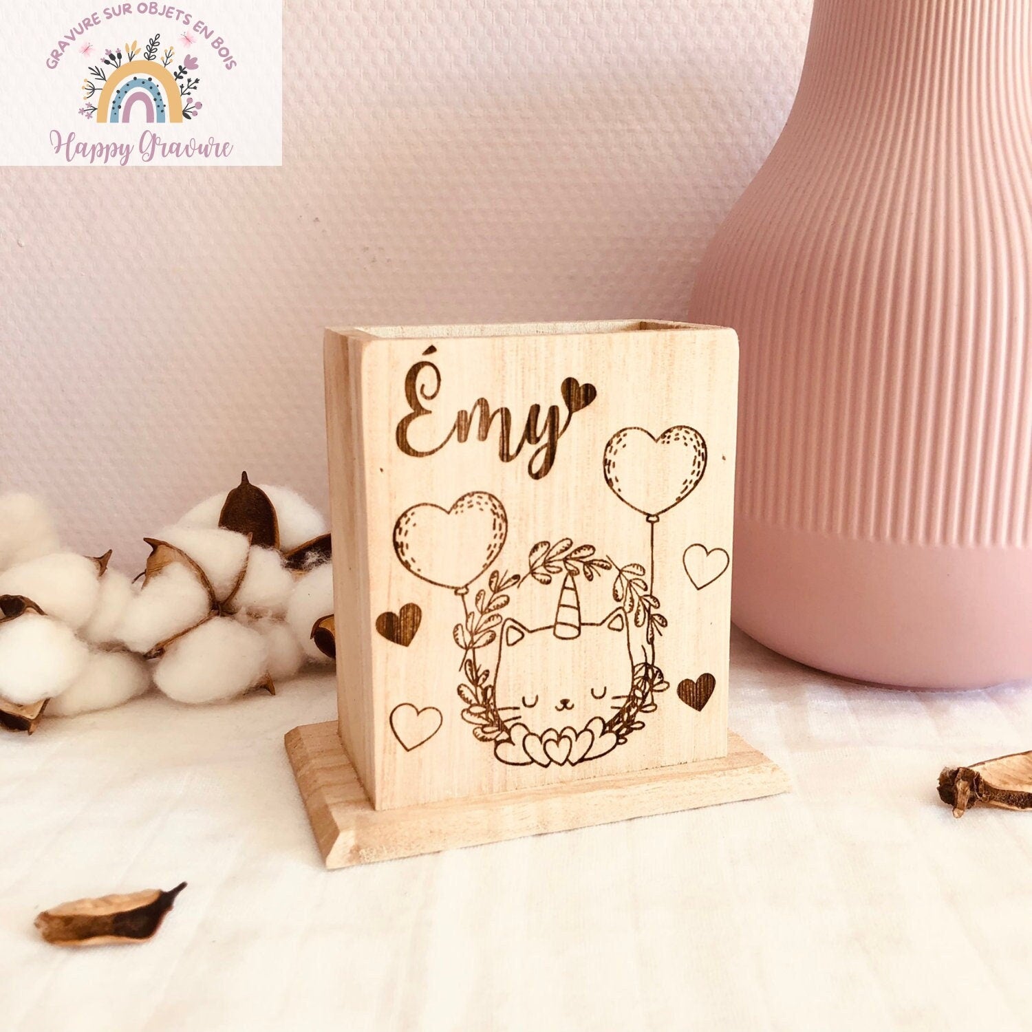 Pot ou porte crayon personnalisé en bois Happy Gravure