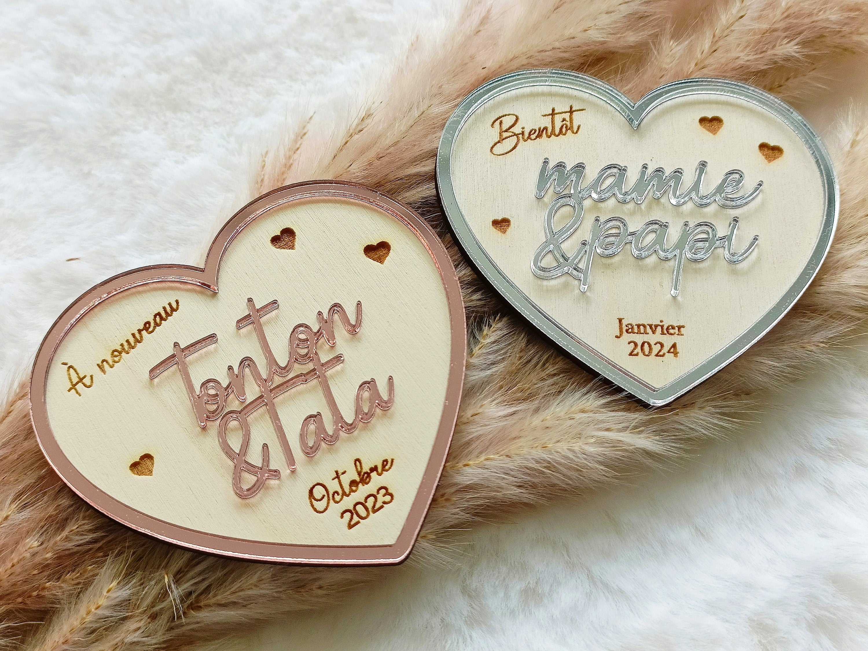 Magnet Annonce Grossesse personnalisé en bois, magnet coeur, Annonce papi, mamie, marraine, parrain Happy Gravure