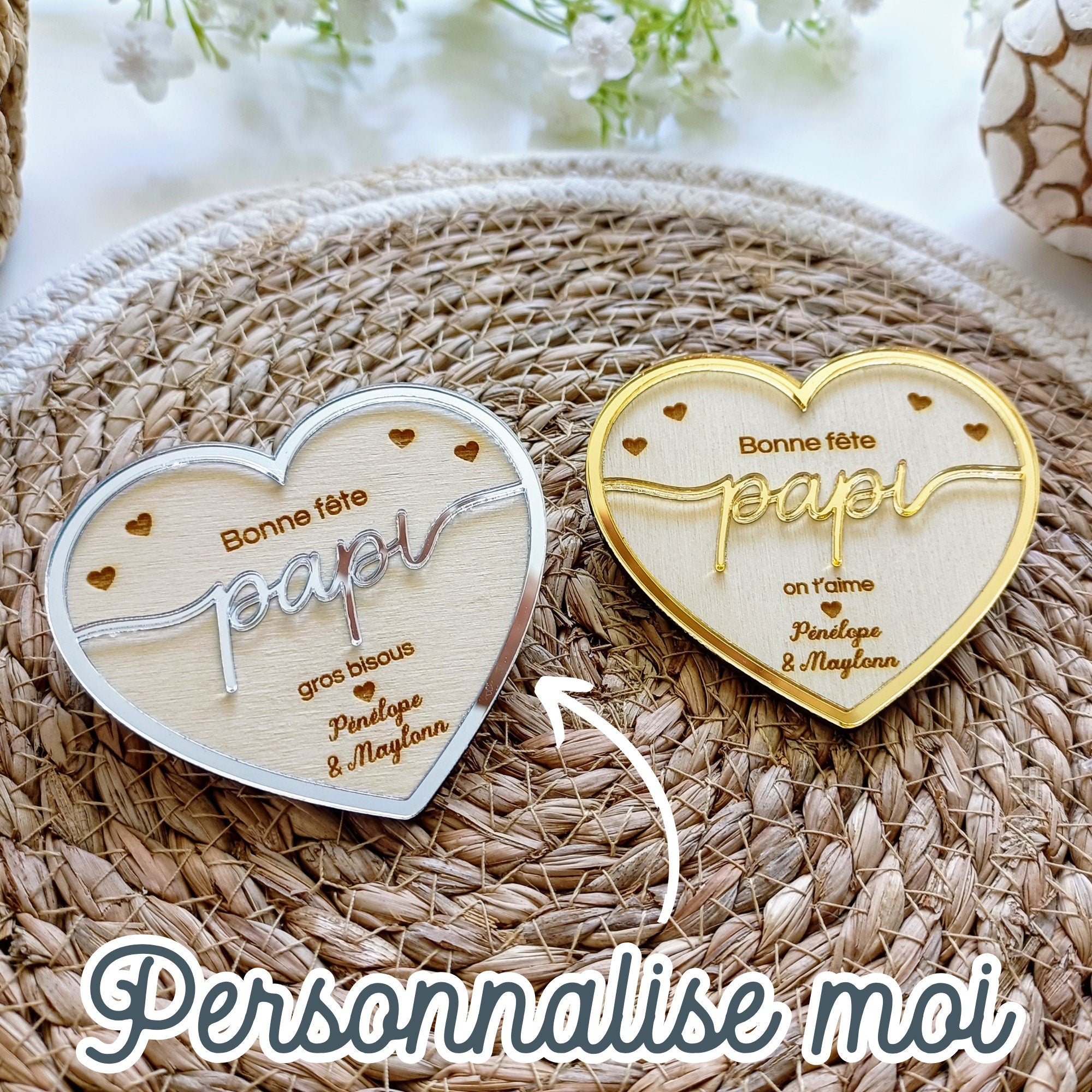 Magnet Coeur aimanté personnalisé en bois - anniversaire - fête des pères / grands-pères, cadeau papi, papa, tonton, parrain Happy Gravure