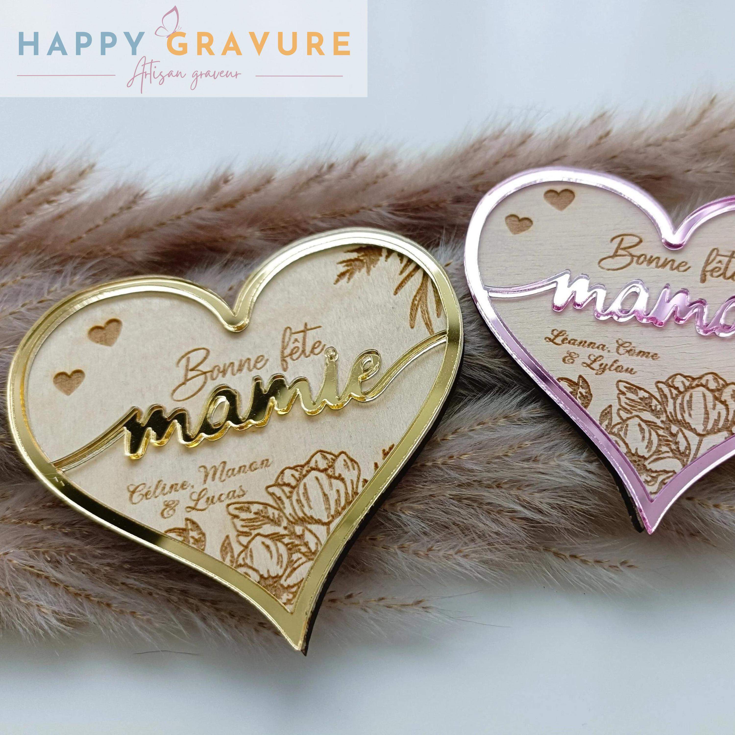 Magnet Coeur Floral Happy Gravure