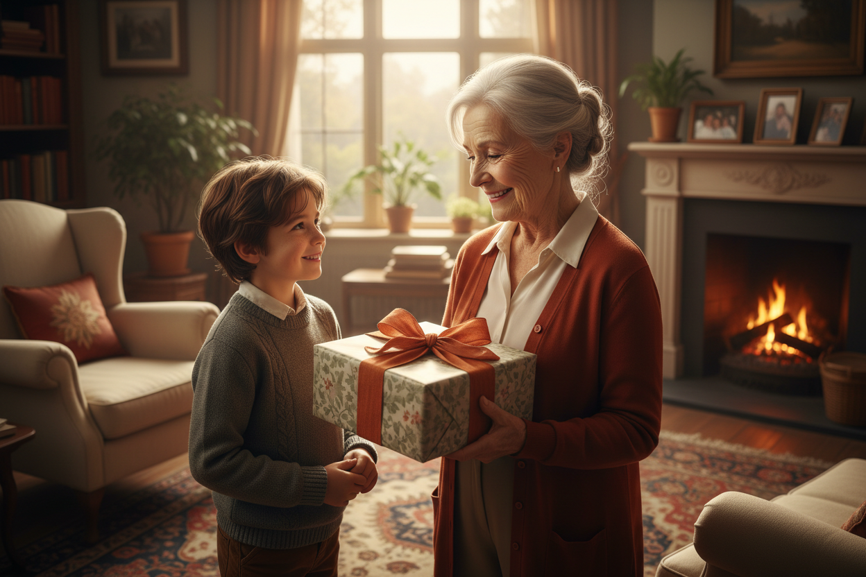 Mamie qui reçoit un cadeau de son petit-fils 