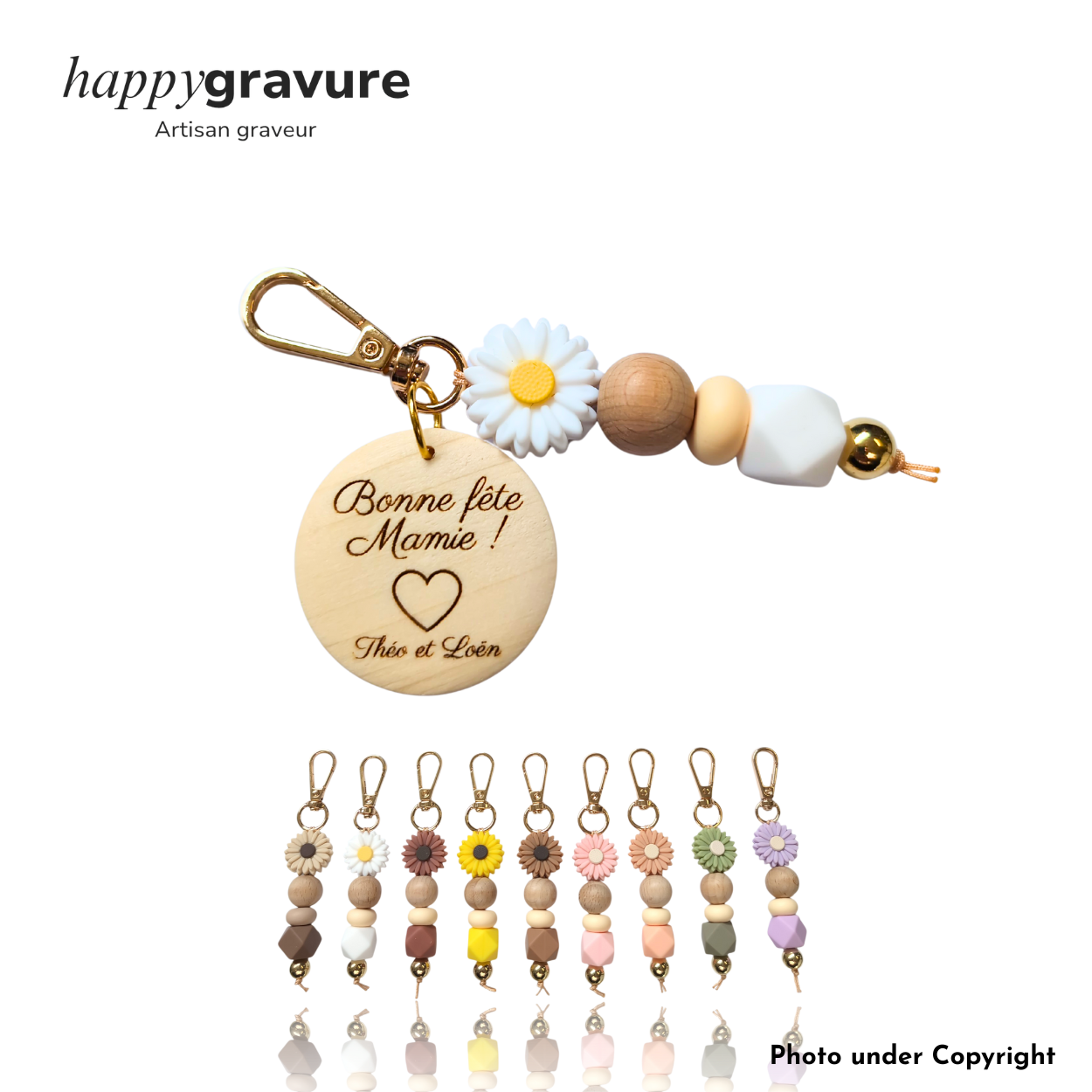 Porte-clés personnalisé avec médaillon en bois - Texte + image et signature | Happy Gravure