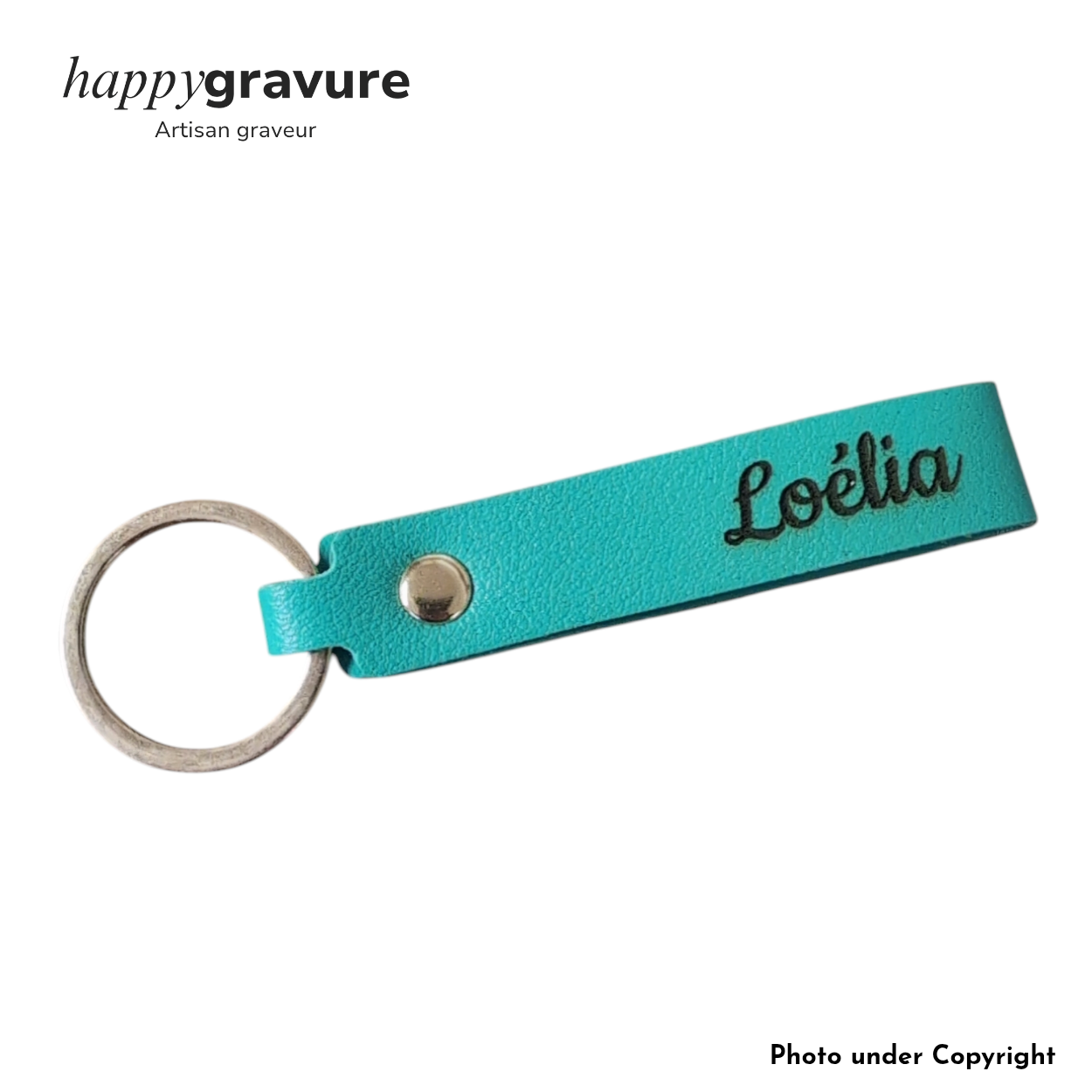 Porte-Clés Cuir Bleu vert Texte et image Personnalisés | Happy Gravure