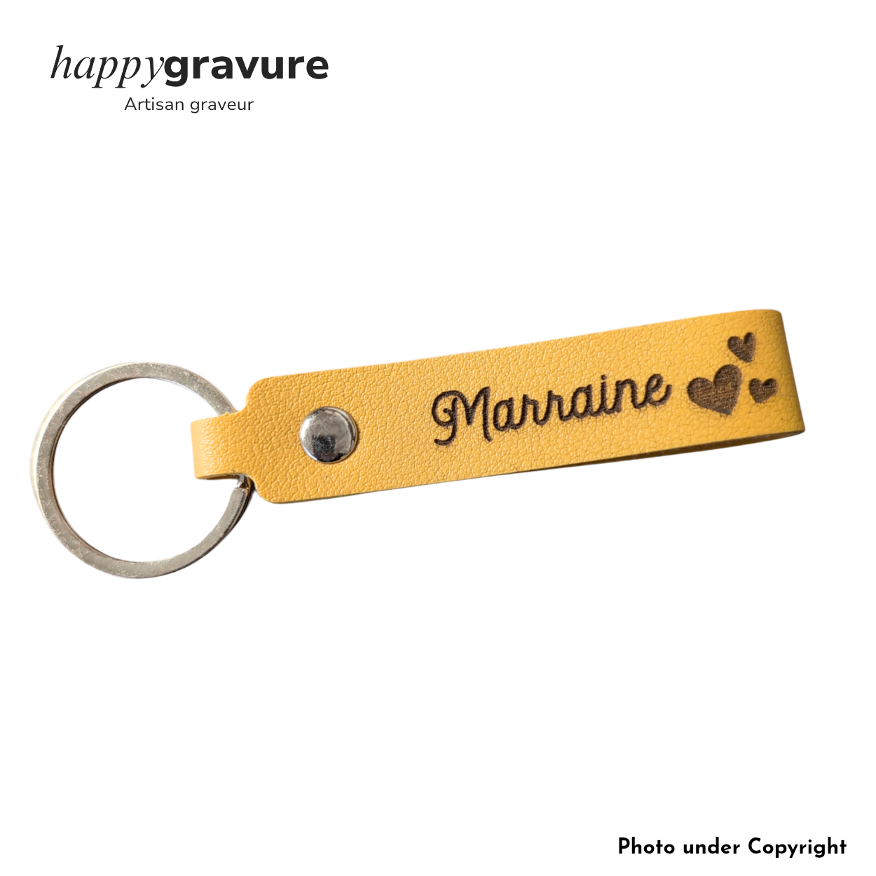Porte-Clés Cuir Jaune Texte et image Personnalisés | Happy Gravure