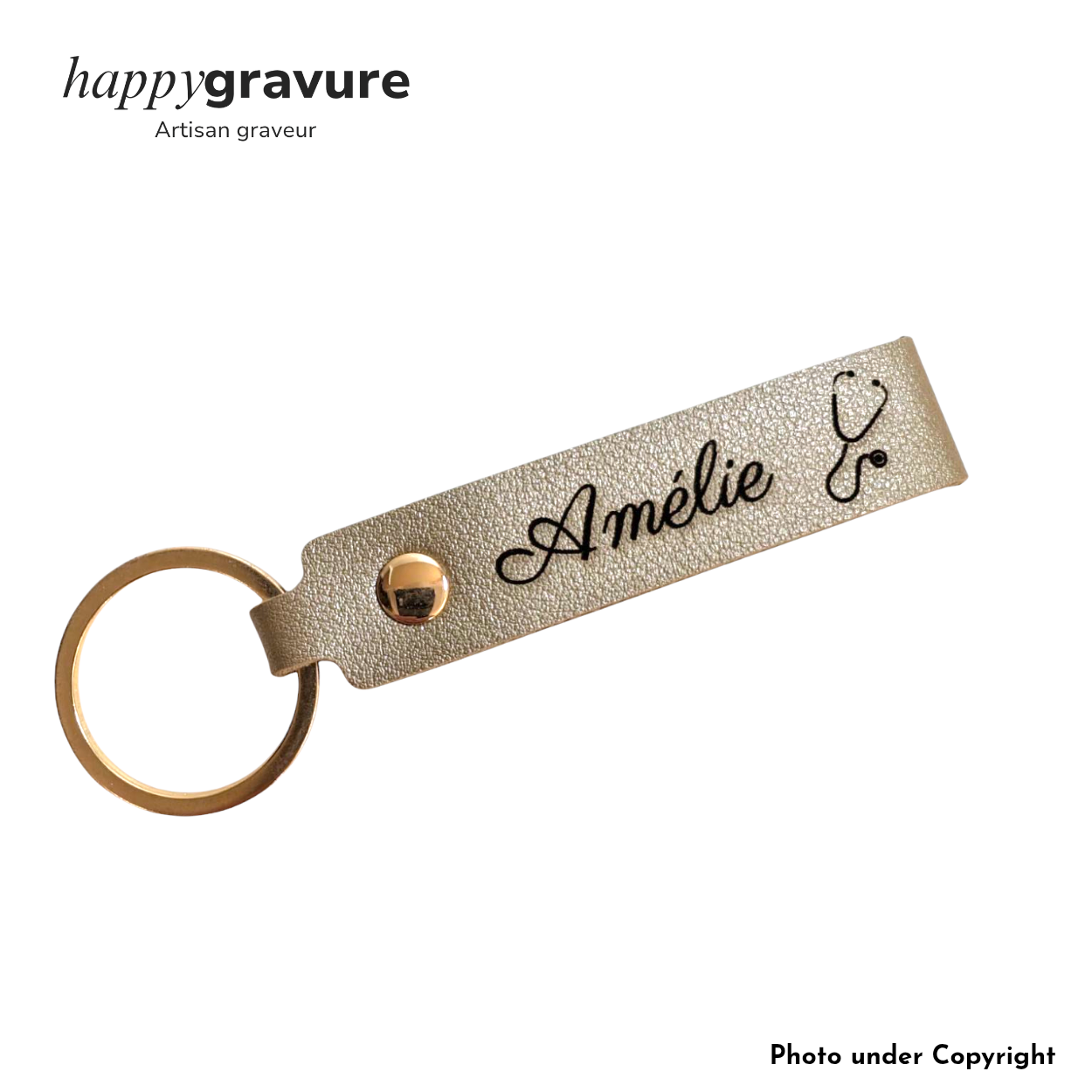 Porte-Clés Cuir Doré Texte et image Personnalisés | Happy Gravure