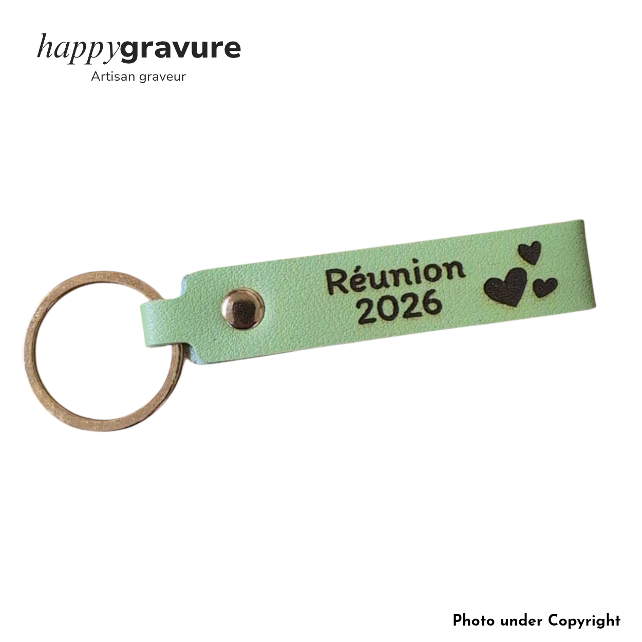 Porte-Clés Cuir Vert clair Texte et image Personnalisés | Happy Gravure