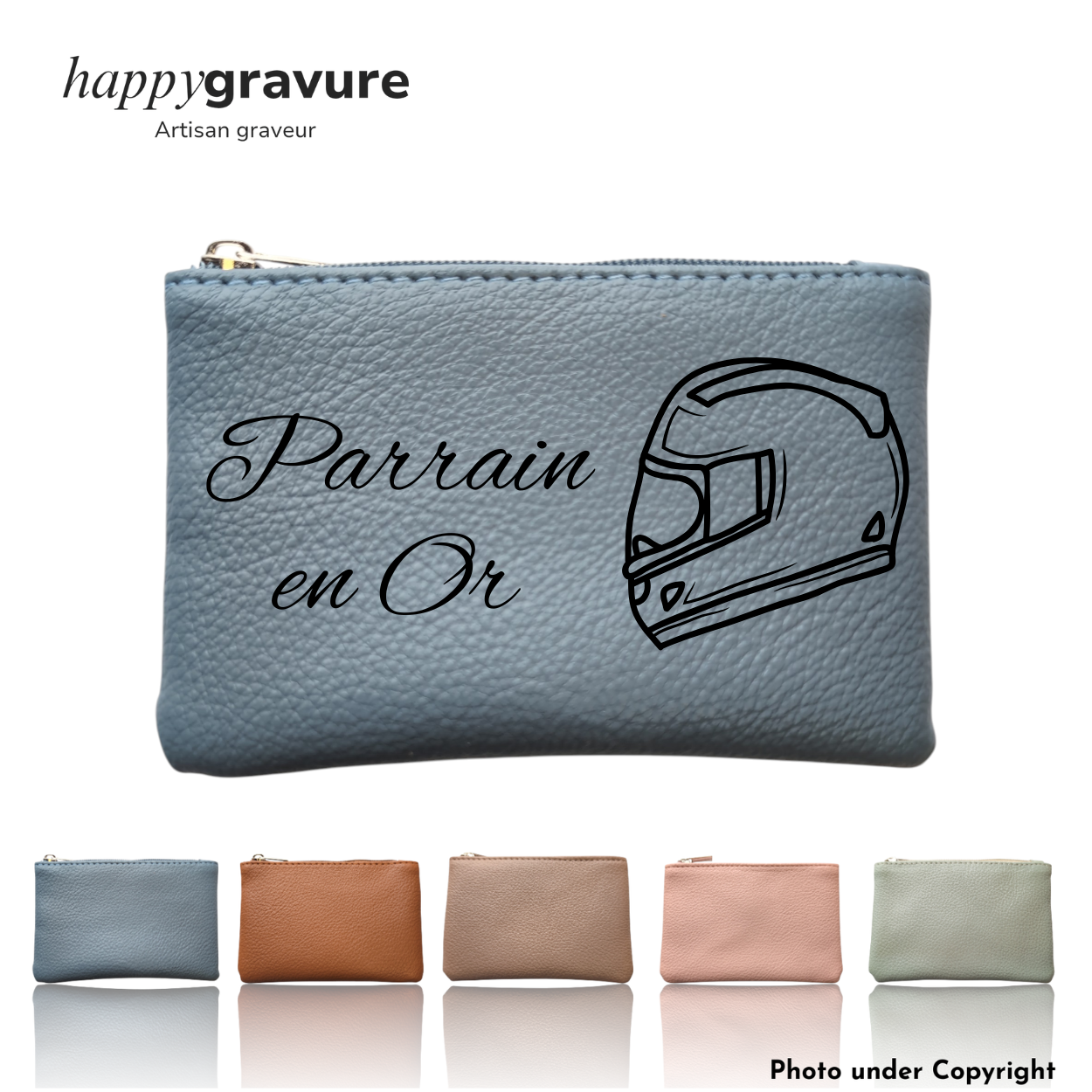 Porte-monnaie en Cuir Personnalisé Bleu - Gravure à Droite | Happy Gravure