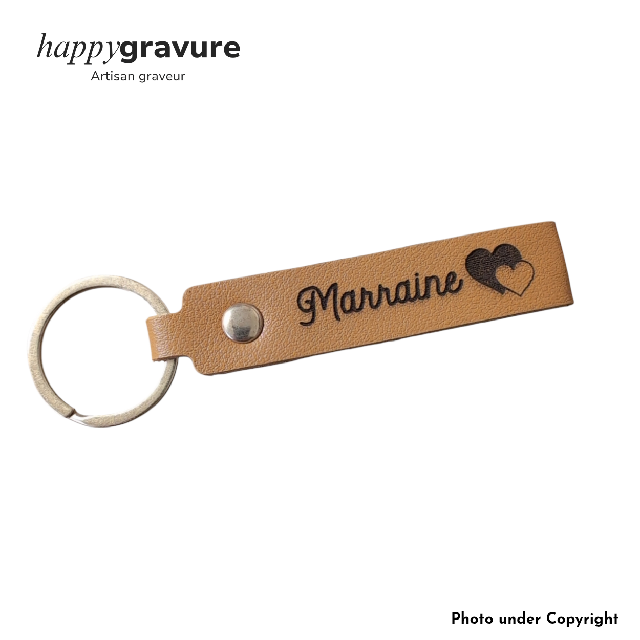Porte-Clés Cuir Marron Texte et image Personnalisés | Happy Gravure