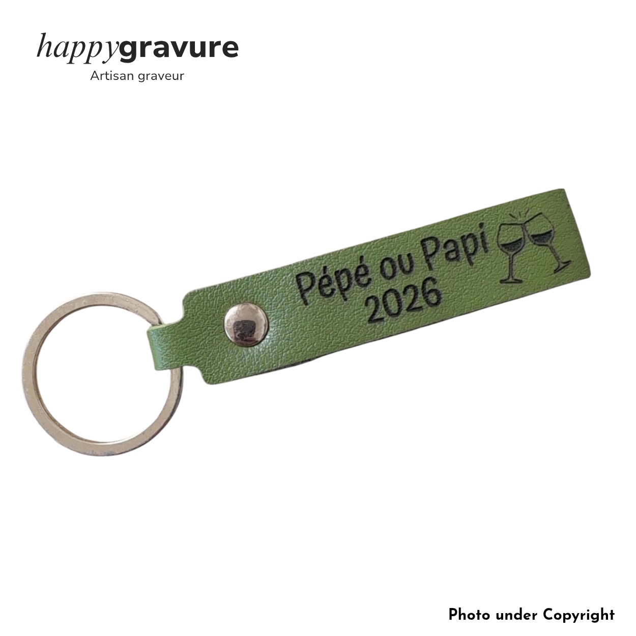 Porte-Clés Cuir Vert kaki Texte et image Personnalisés | Happy Gravure