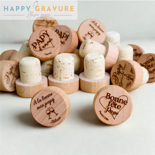 Bouchon de bouteille personnalisé en bois - Mariage, fêtes, Événements Happy Gravure