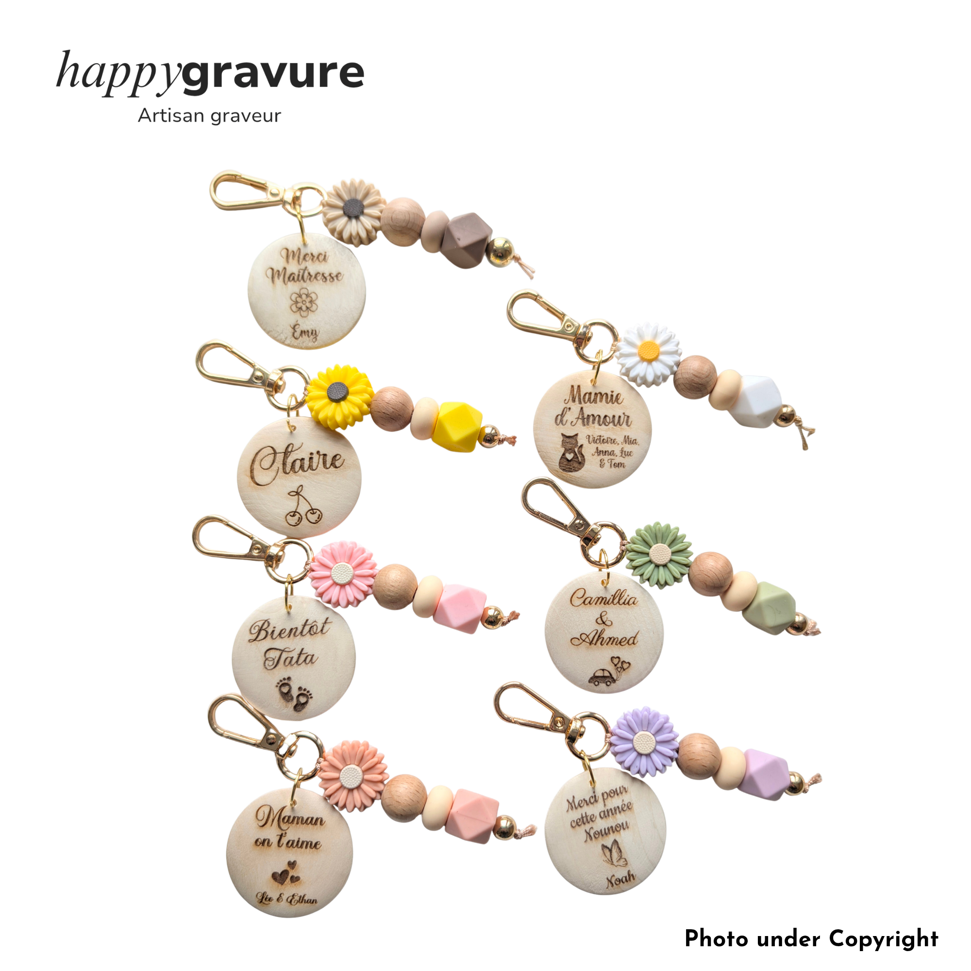 Porte-clés personnalisé avec médaillon en bois - fête des mères, grands-mères, maîtresse, nounou, atsem