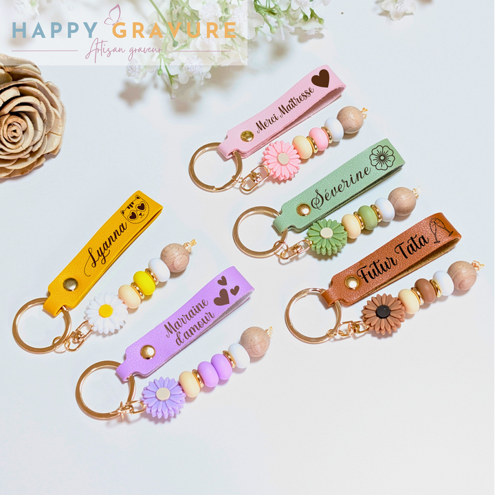 Porte-clés personnalisé, porte-clés marguerite, porte-clés en cuir, cadeau de témoin, cadeau maîtresse, cadeau d'anniversaire, atsem