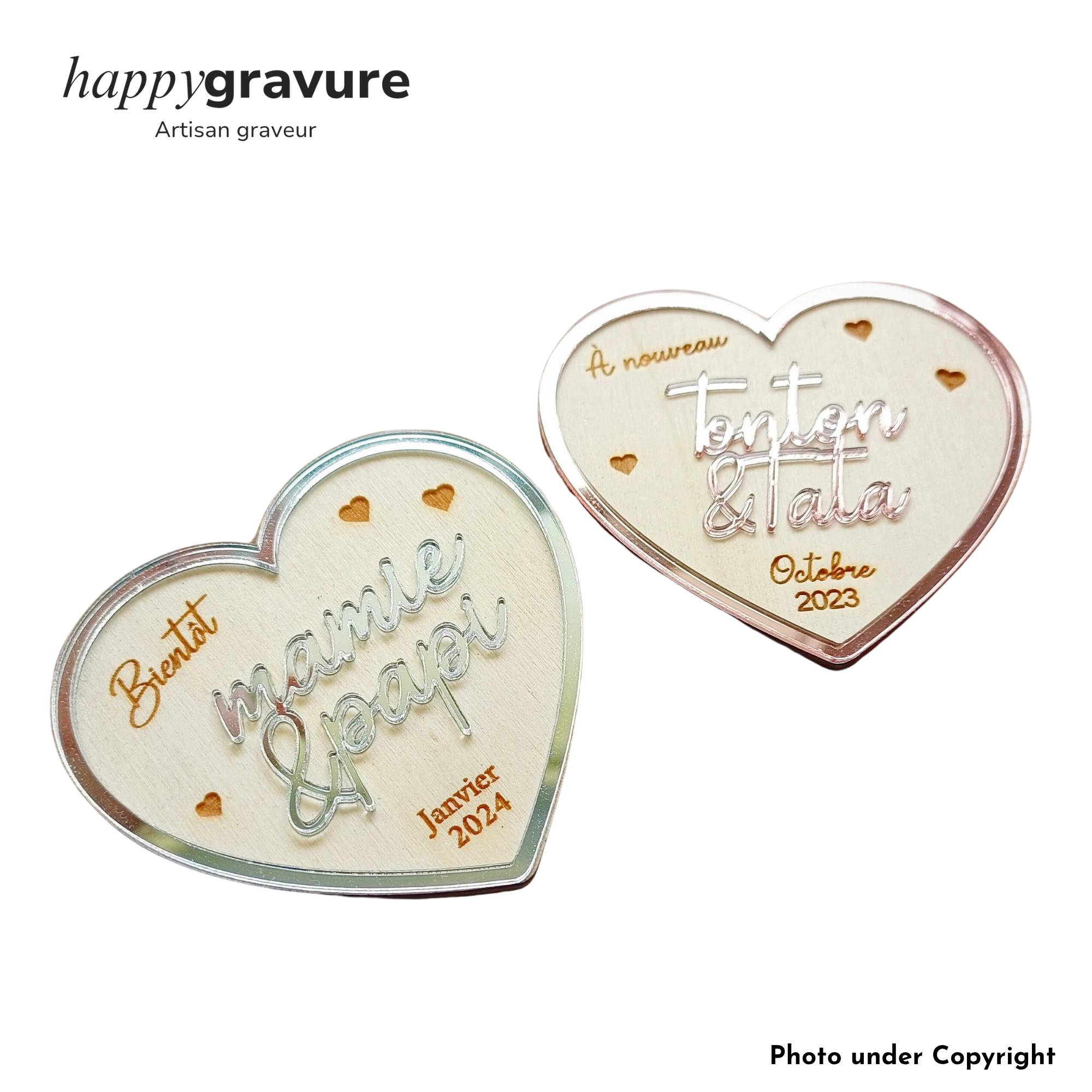 Magnet Annonce Grossesse personnalisé en bois, magnet coeur, Annonce papi, mamie, marraine, parrain Happy Gravure