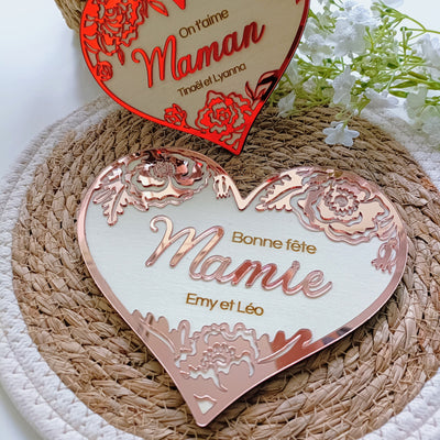 Grand magnet aimanté/pancarte Coeur Arabesque personnalisé en bois et plexi - fête des mères/grands-mères, cadeau maman, mamie marraine